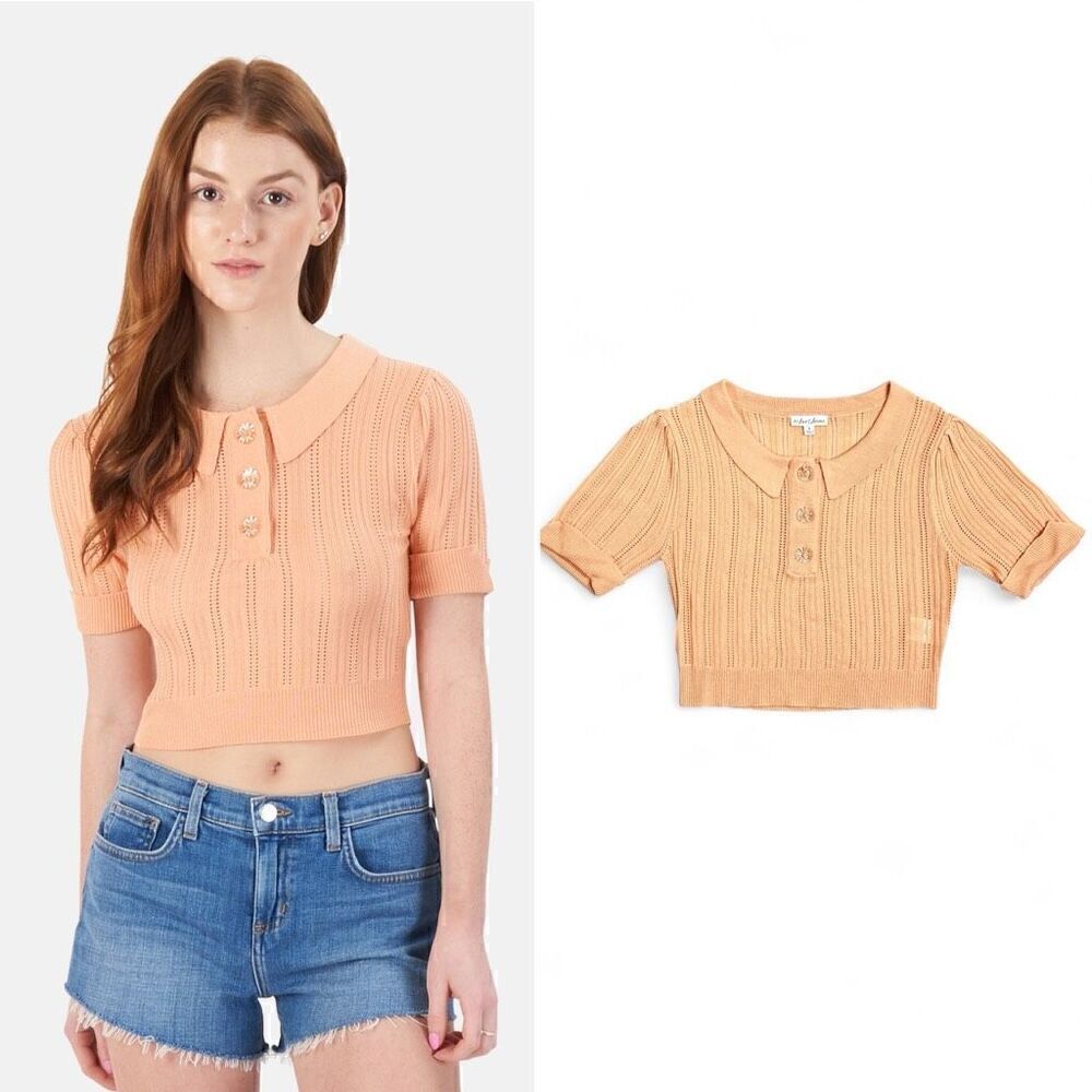 For Love & Lemon Phoebe Pointelle Polo Sweater Sherbet Size M Sweet Coquette